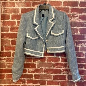 SHEIN Blue Cropped Tweed Blazer with White Trim